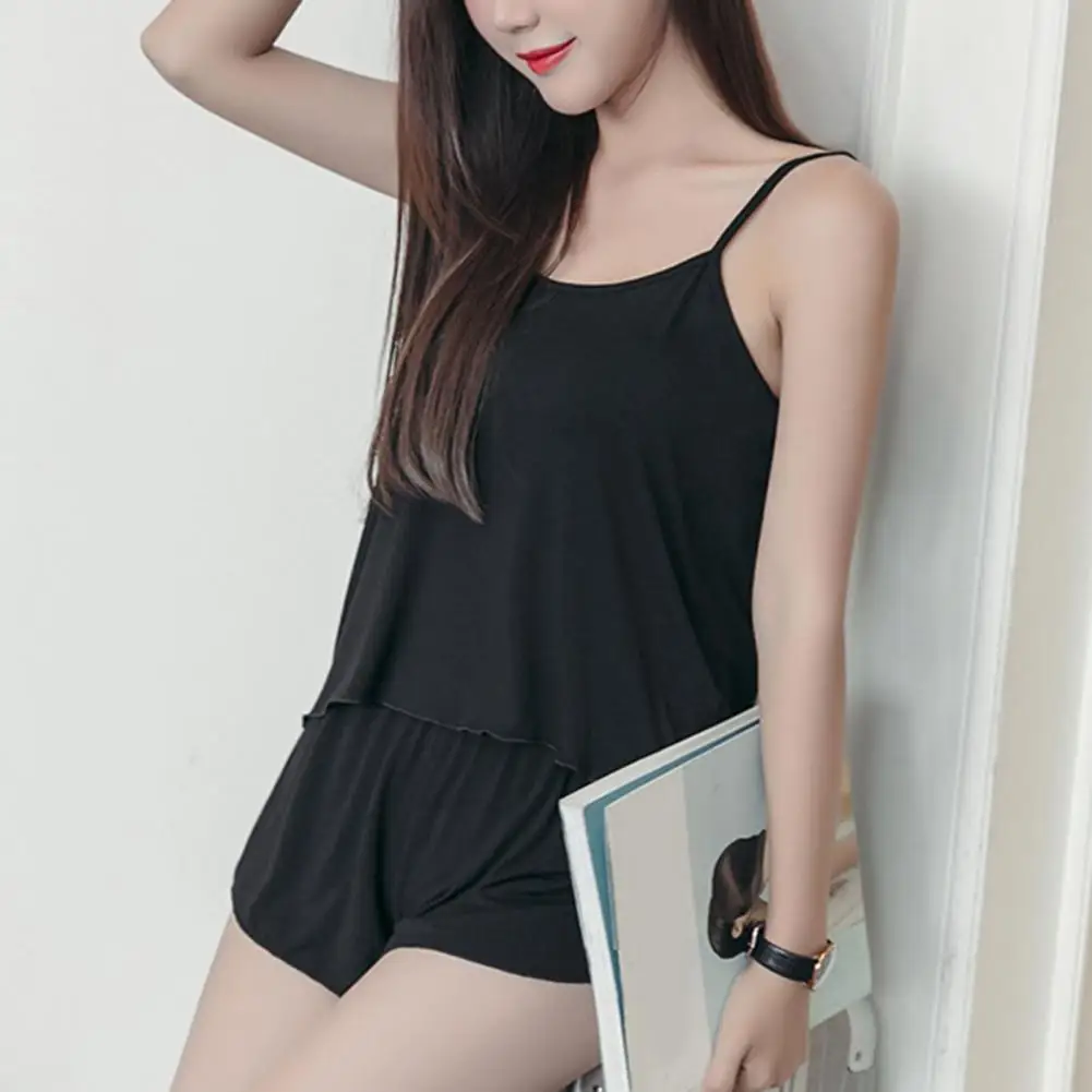 Women Pajama Set 2 Piece Soft Breathable Spaghetti Strap Cami Top Shorts Summer Solid Sleepwear Nightwear Loungewear