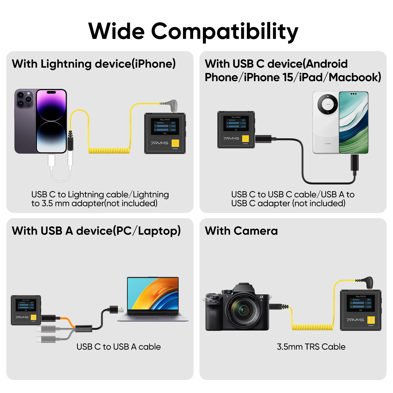 Microfone lapela sem fio 7ryms iray dw20 2.4g para câmera telefone entrevista vídeo youtube streaming ao vivo tiktok microfone de lapela sem fio para celular
