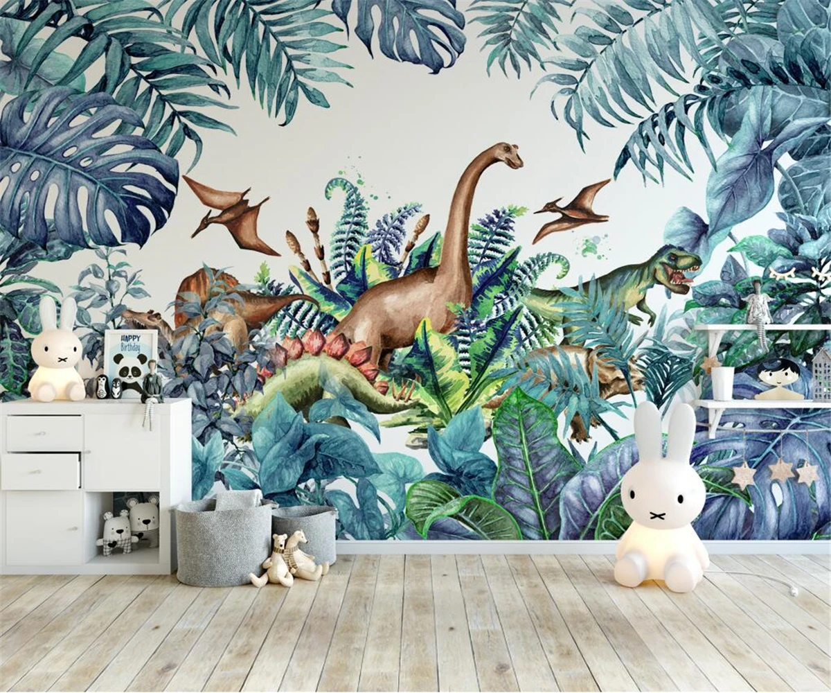 

Custom wallpaper mural Nordic hand-painted tropical plants cartoon dinosaur children's room background wall wallpaper обои