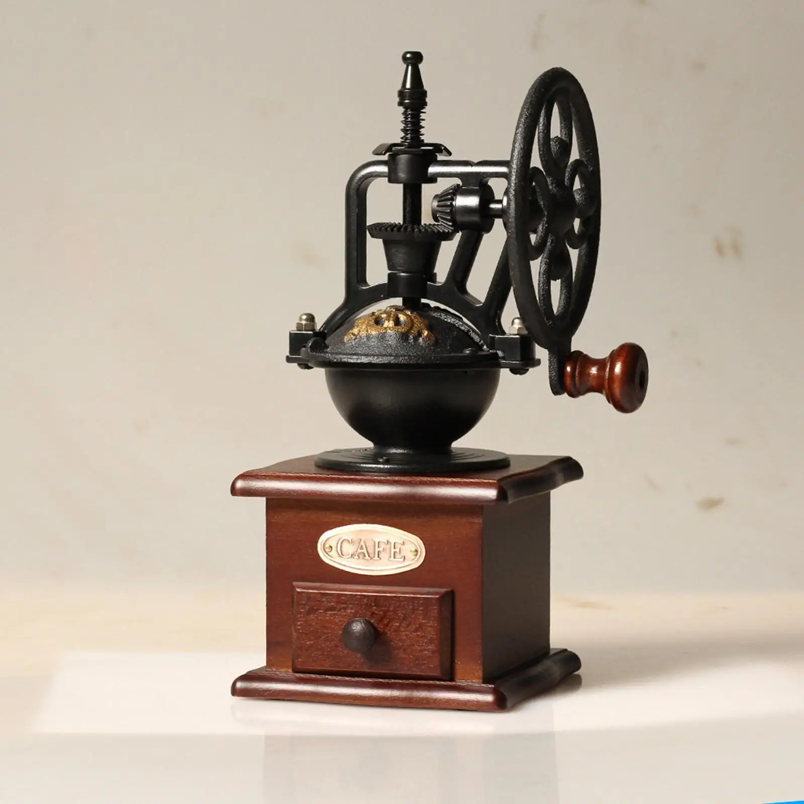 Hand Crank Coffee Grinder Retro Wooden Body Burr Mill with Drawer for Fresh Ground Beans Kitchen Tool