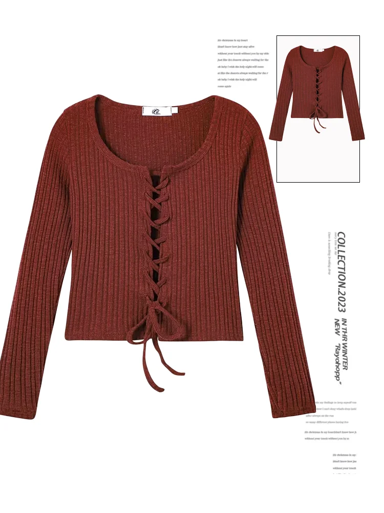 

Women's Wine Red Cardigan Sweater 90s Aesthetic Y2k Vintage Lace-up Long Sleeves Knitted Jumper Christmas Sweater 2000s Clothes