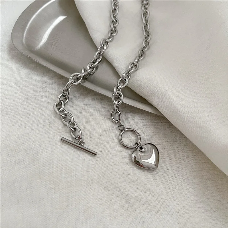 Punk Stainless Steel Long Thick Chain Toggle Heart Pendant Necklace For Women Men Goth Choker Necklaces 2024 Trend Neck Jewelry