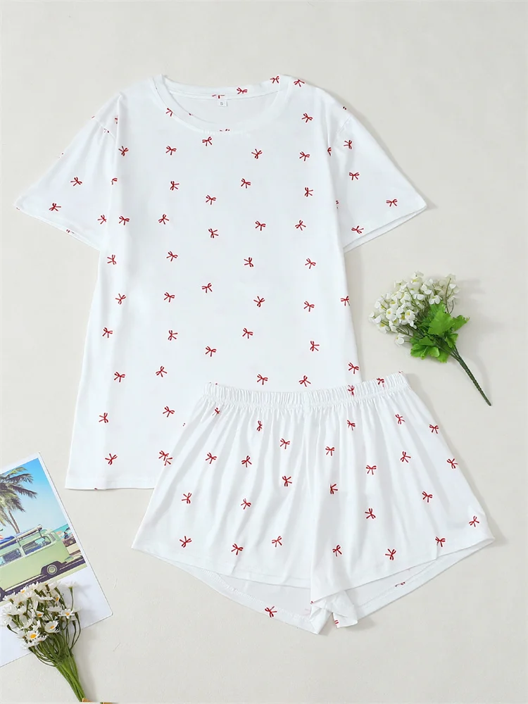 

Домашняя одежда с бантом, 2 шт., удобная дышащая футболка с круглым вырезом и короткими рукавами, шорты, костюм, женская летняя свободная одежда для дома