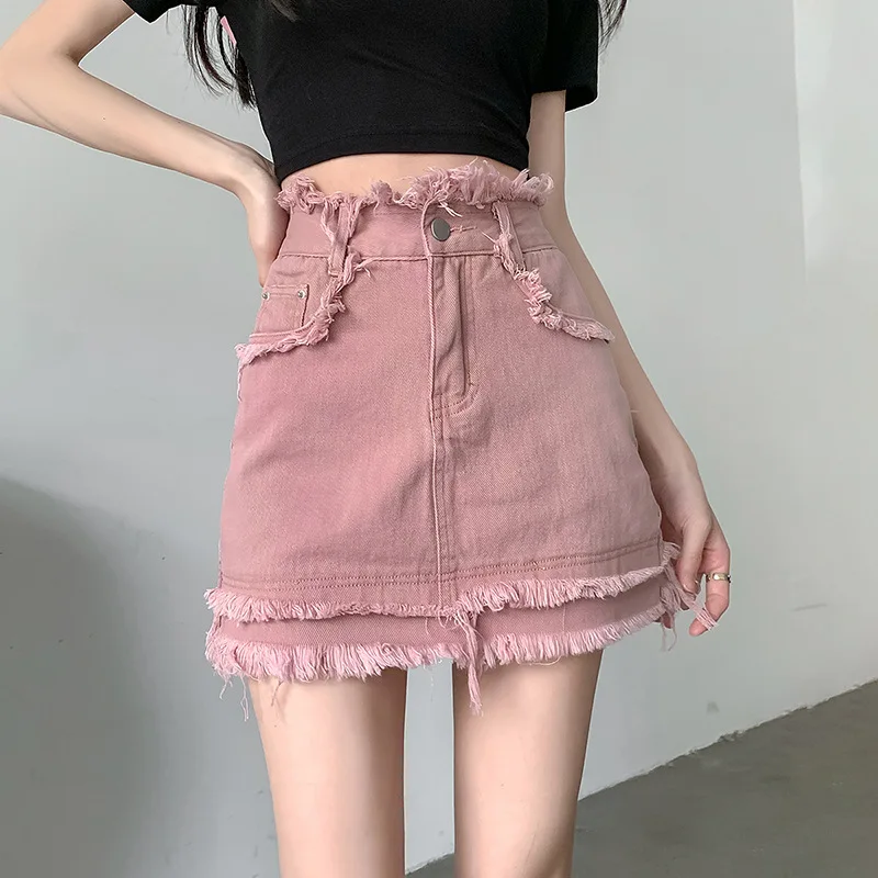 

Woman Denim Shorts Skirts Summer Sexy High Waist Pocket Rough Streetwear All Match Mini Jeans Skirt Faldas Femme New With Lining