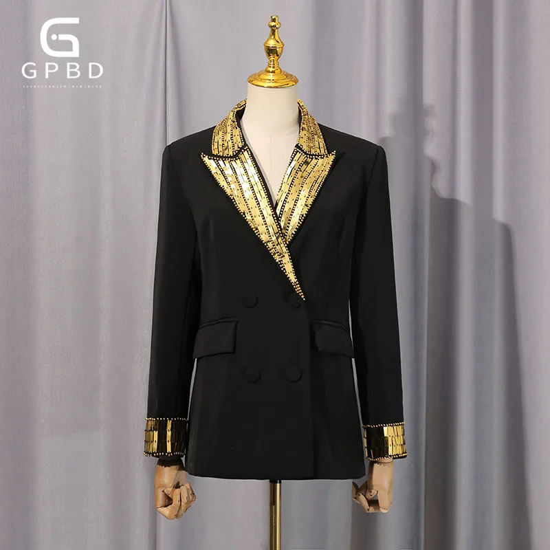 

Hit Color Spliced Button Chic Blazer for Women Notched Collar Long Sleeve Patchwork Button Patchwork Beading Bazer Female