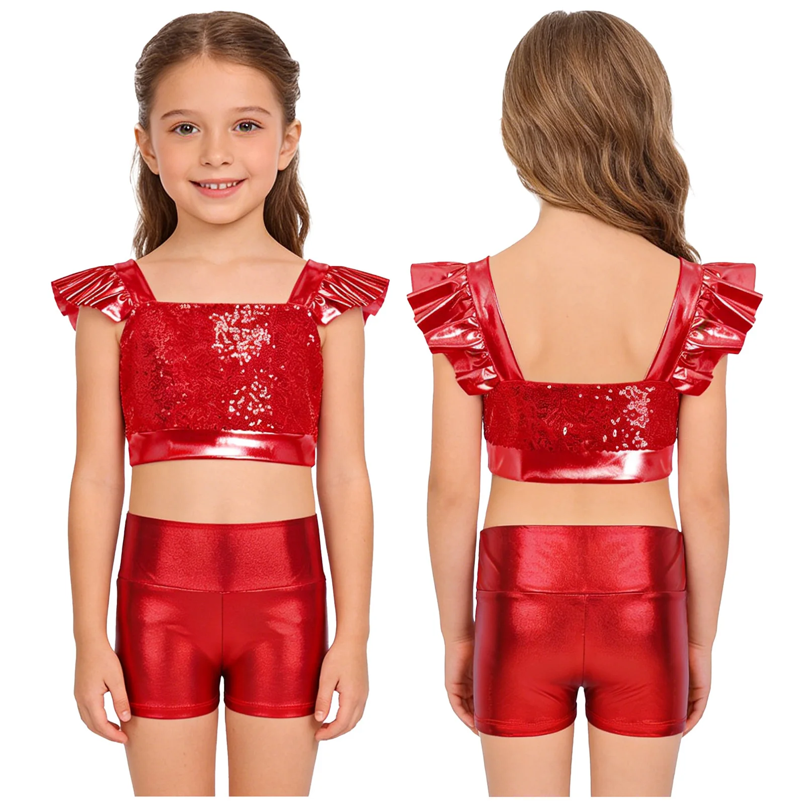 

Girls Street Jazz Dance Wear Square Collar Sequined Crop Top Ruffled Sleeves with Shiny Shorts for Hip Hop Dance Performance