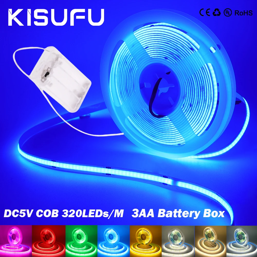 DC5V COB LED Light Strip 3AA Battery Powered 8mm PCB 320LEDs/m White Green Blue Pink RA90 Flexible Adhesive Tape DIY Room Decor