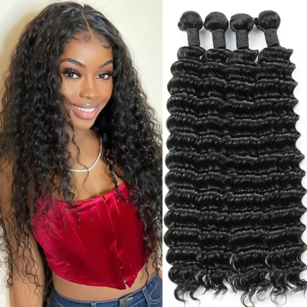 Bundles brésiliens de cheveux à vague profonde, couleur noire naturelle, 3/4 cheveux humains Remy, extensions de cheveux longs, 1 PC, 100% PCs