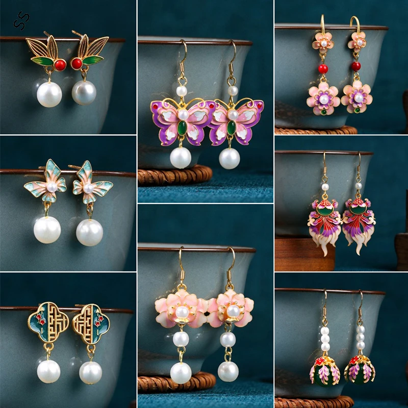 

Chinese Style Enamel Gradient Butterfly Earrings 925 Silver Needle Light Luxury Niche Design Antique Pearl Ear-hook Accessories