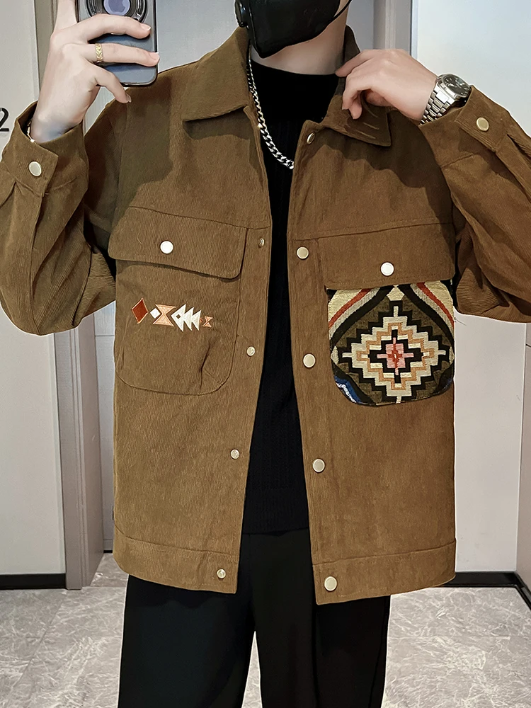 

Trendy Men's Corduroy Jaet Spring Autumn Embroidery Faion American Retro Casual Top Youth ular Loose Fit Long Sve