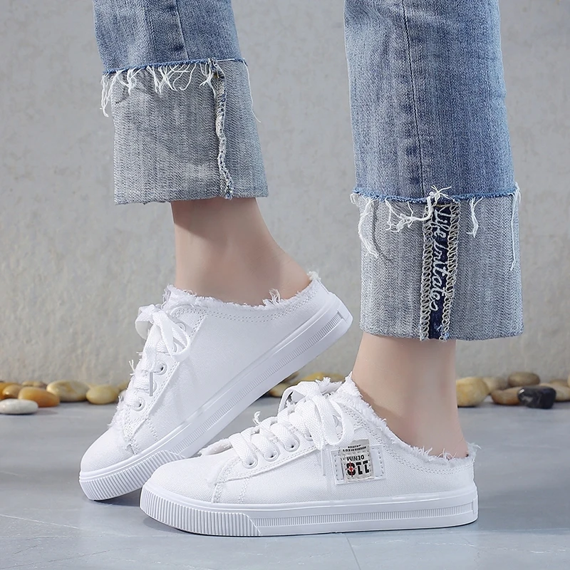 New 2023 Spring Summer Women Canvas Shoes flat sneakers women casual shoes low upper lace up white shoes Large size 43