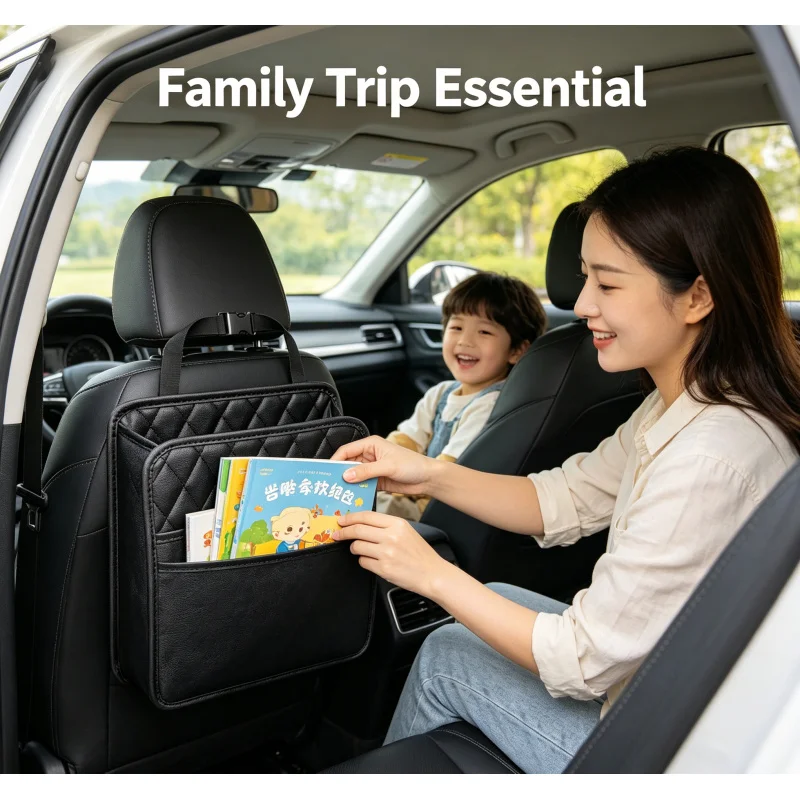 Multi-Functional Leather Car Organizer Black Seat Storage Bag with Garbage Bag Portable Trash Can for Most Car Models