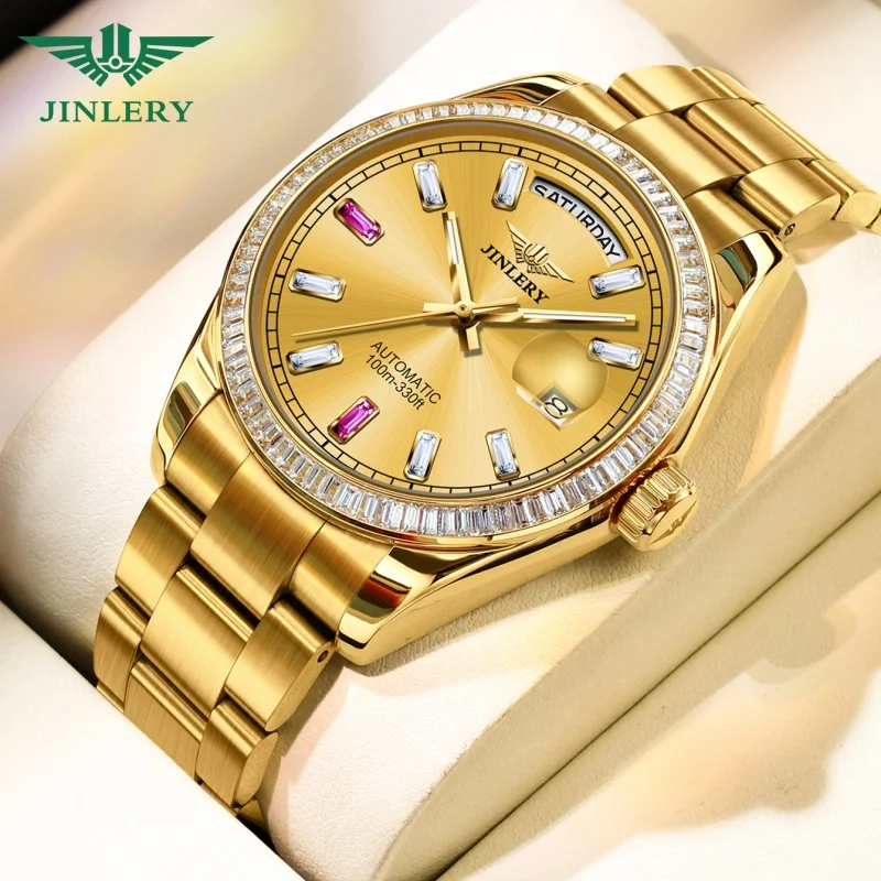 

JINLERY Original Automatic Mechanical Watch for Men Auto Date Display Luminous Luxury Golden Wristwatches Reloj Hombre 2024 New