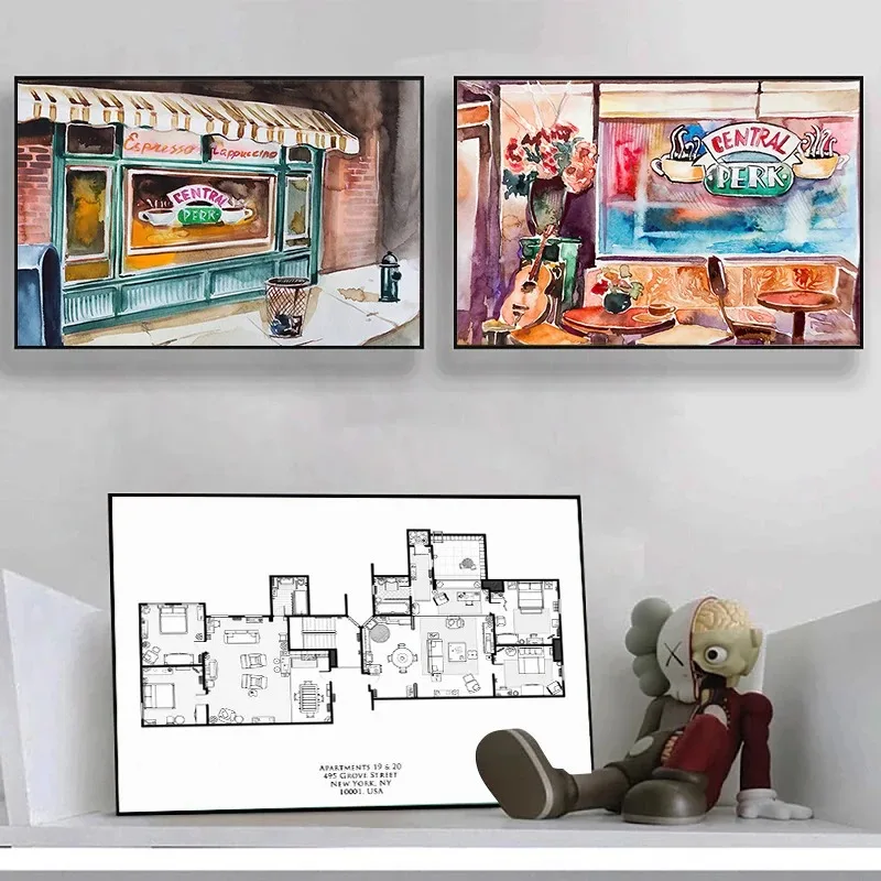 Central Perk Canvas Painting Friends TV Show Interior Layout Drawings Wall Art Posters Print Restaurant Living Room Home Decor