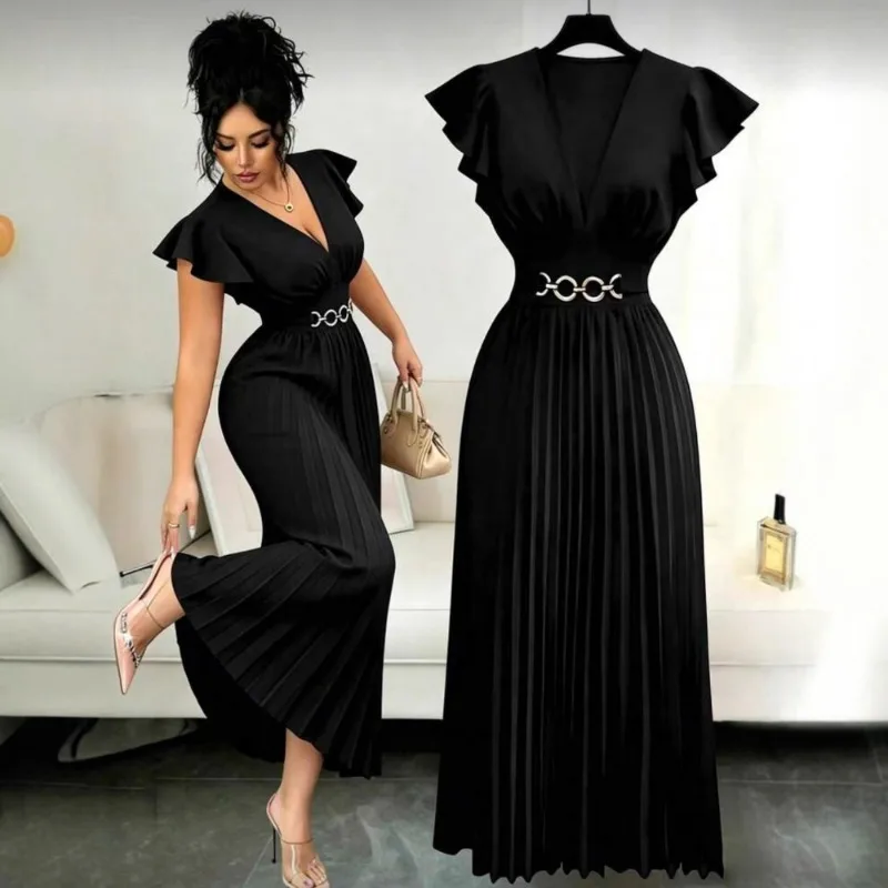 New V-neck Ruffle Edge Sleeves Solid