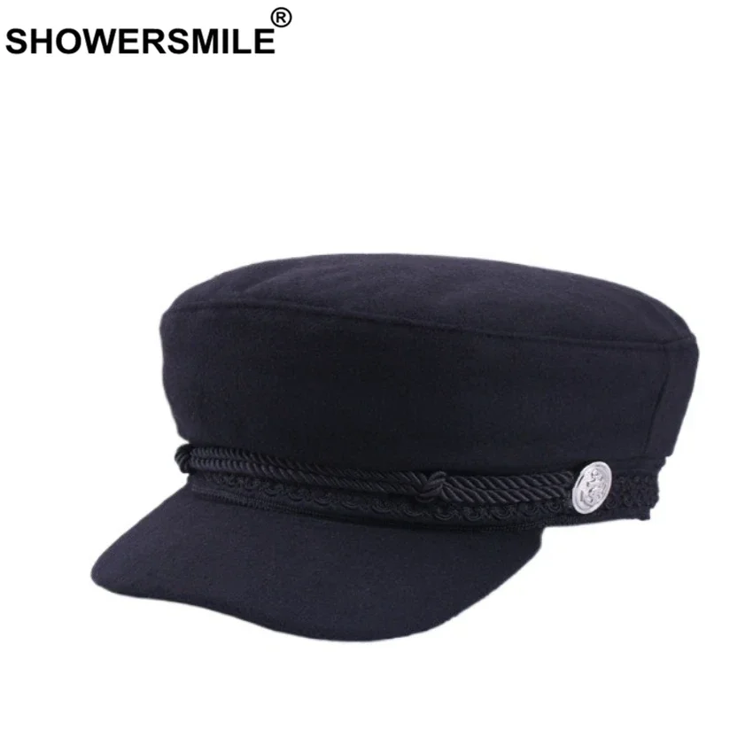

SHOWERSMILE Black Newsboy Cap Flat Hat Female Wool Baker Boy Cap Women Autumn Winter Elegant Ladies Fashion Design Painter Cap