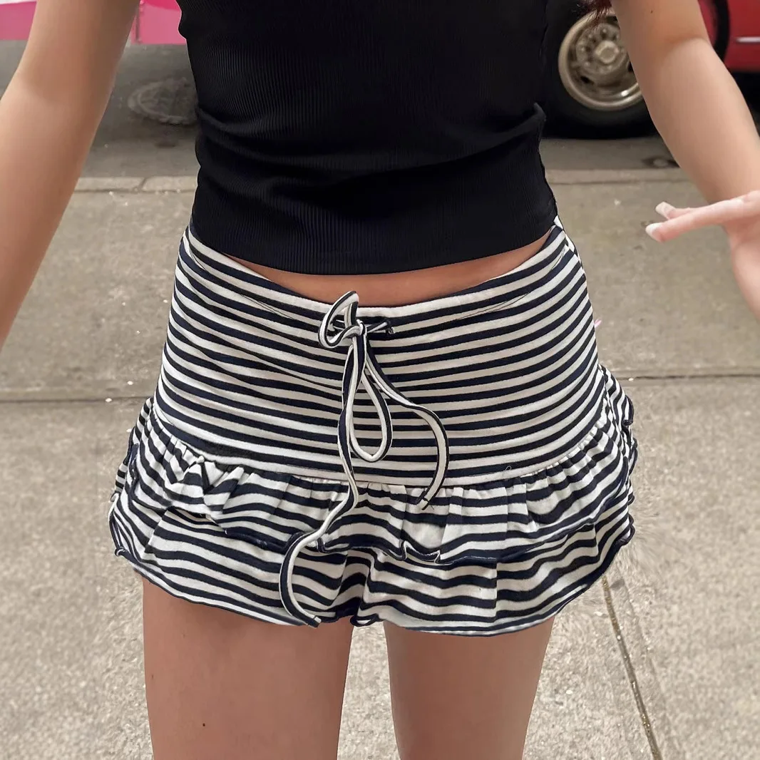 

Color Blocking Striped Mushroom Edge Cake Skirt 2025 Fashionable Summer Casual Low Waist Short Skirt Women's Clothing