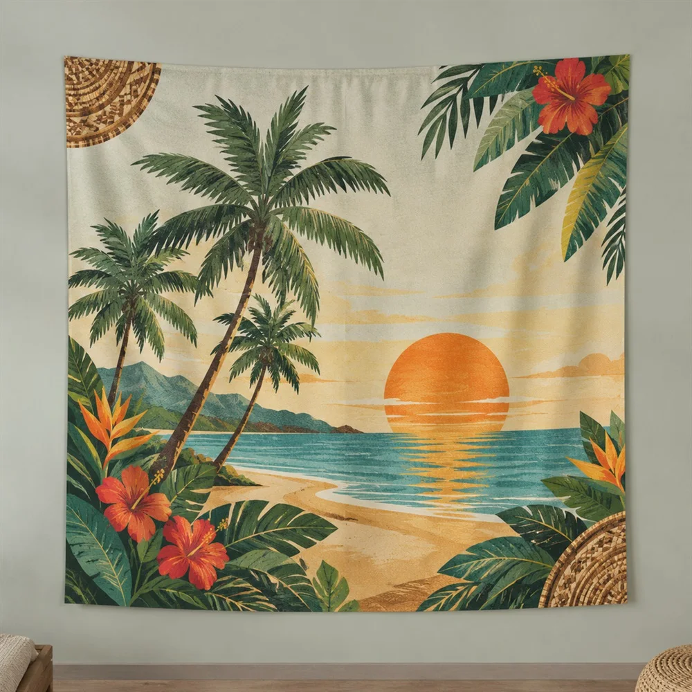 VIKAMA Palm Beach Sunset Clustered Groups Tapestry Wall Hanging, Southeast Asian Wall Art Tapestries for Living Room Bedroom