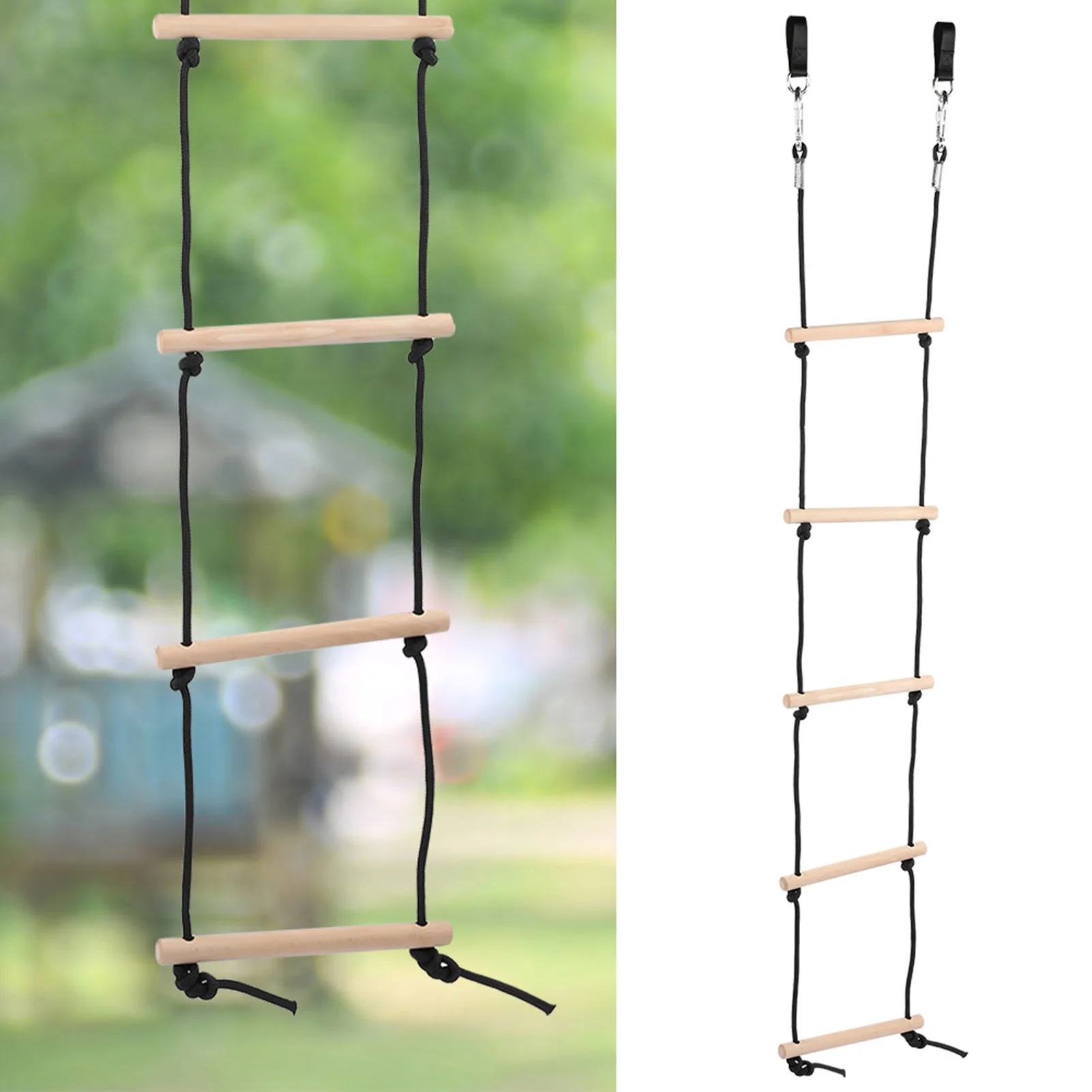 5 Rungs Rope Ladder Children Rope Ladder Outdoor Children Rope Ladder Wooden 5 Rungs Climbing Ladder with Straps Carabiner Hooks