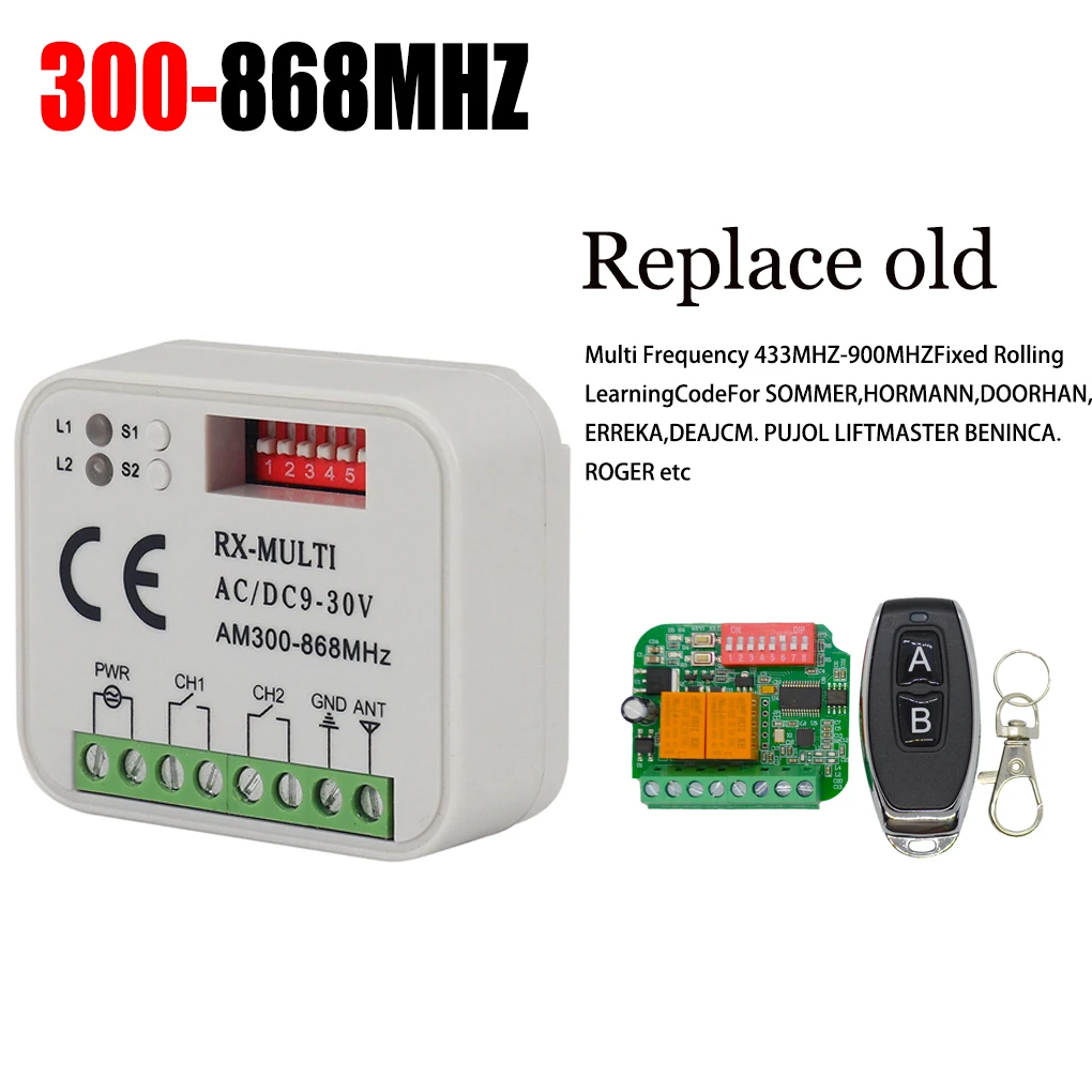 Multifrequency receiver, 300MHZ-868mhz, 300MHz, 310MHz, 315MHz, 318MHz, 390MHz, 433.4MHz, 433MHz, 433.92MHz, controls any gate a