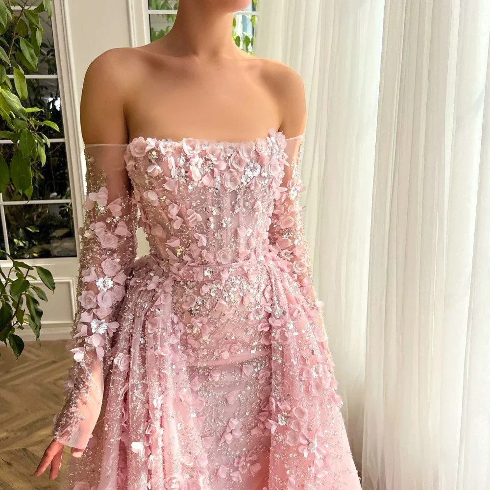 Elegant Strapless Long Sleeves Flowers Evening Dresses Fashion Beads Sequined Women Wedding Party Gowns Formal Prom Dresses