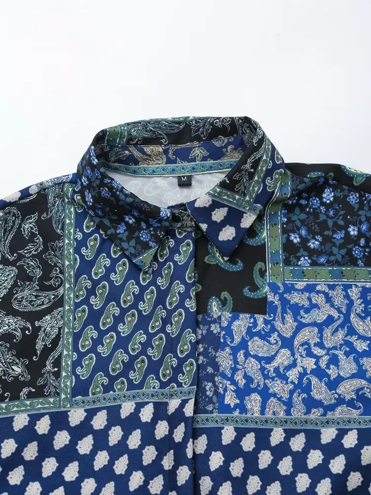 PB&ZA2025 Camicia con texture in raso di seta stampata patchwork dimagrante allentata a maniche lunghe casual versatile delle nuove donne estive