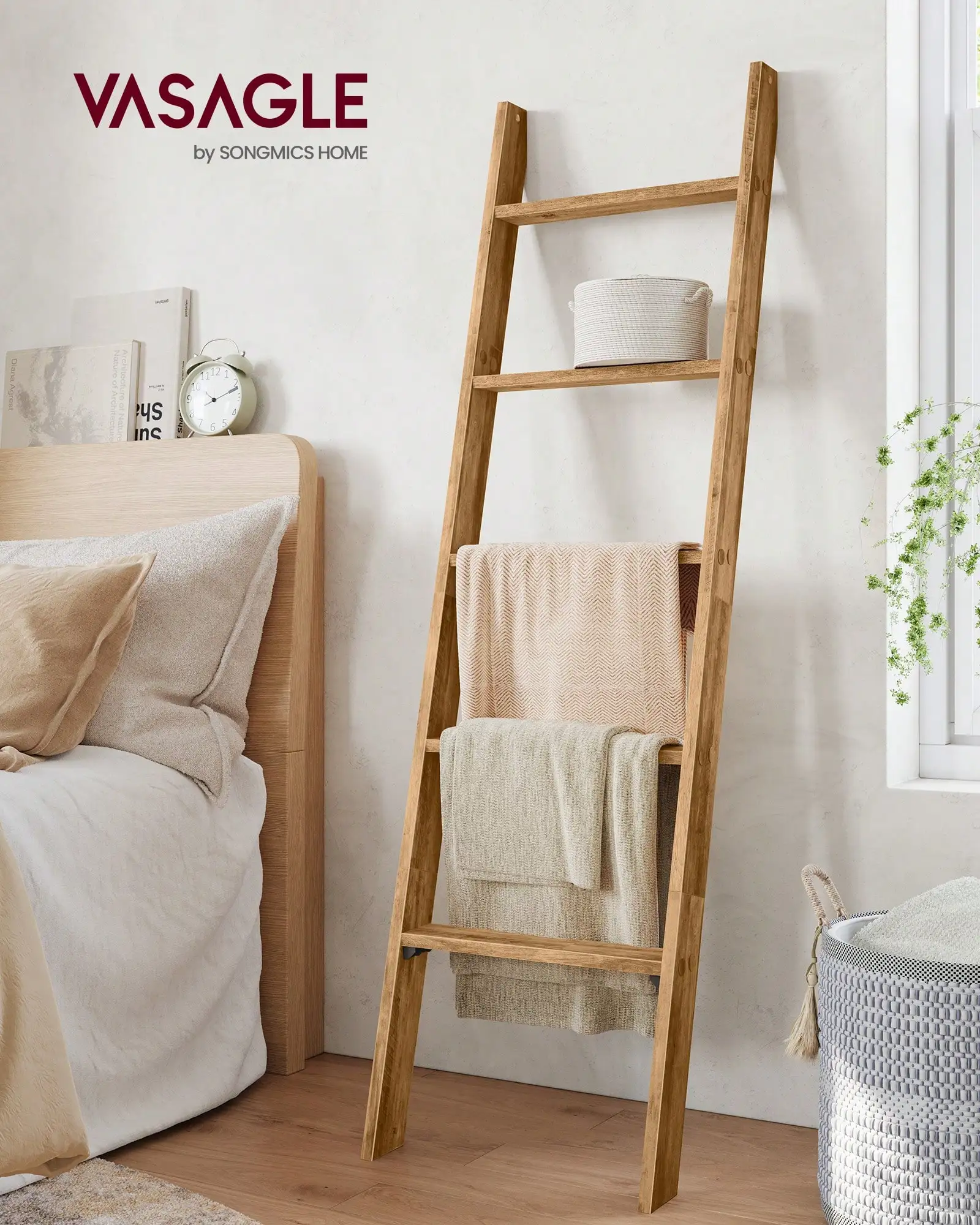 

Blanket Ladder Decorative Farmhouse For The Living Room, 5-Tier Ladder Shelf, Ladder Rack For Storage And Decor, Honey Brown