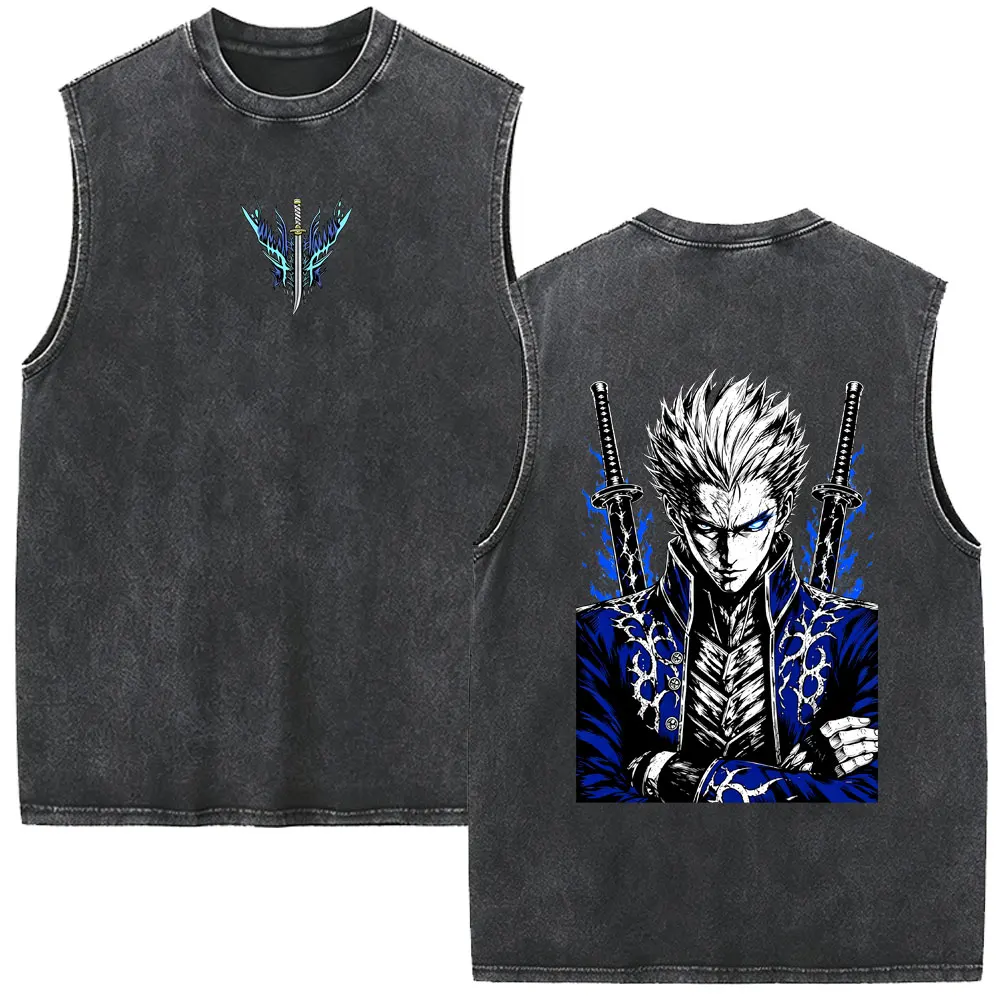 Game Devil May Cry Vergil Vintage Washed Tank Tops Men Women Fashion Oversized Streetwear Male Casual Sleeveless Vest T-shirt