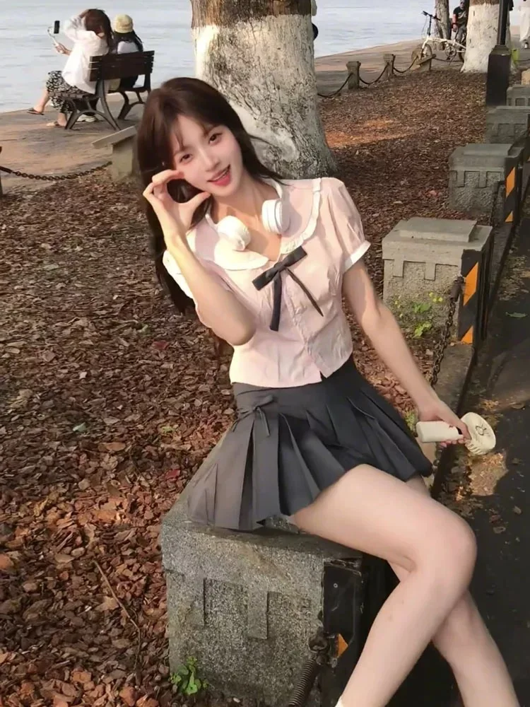 

Модный летний комплект для девочек: корейская короткая юбка в клетку и топ с коротким рукавом в стиле JK.