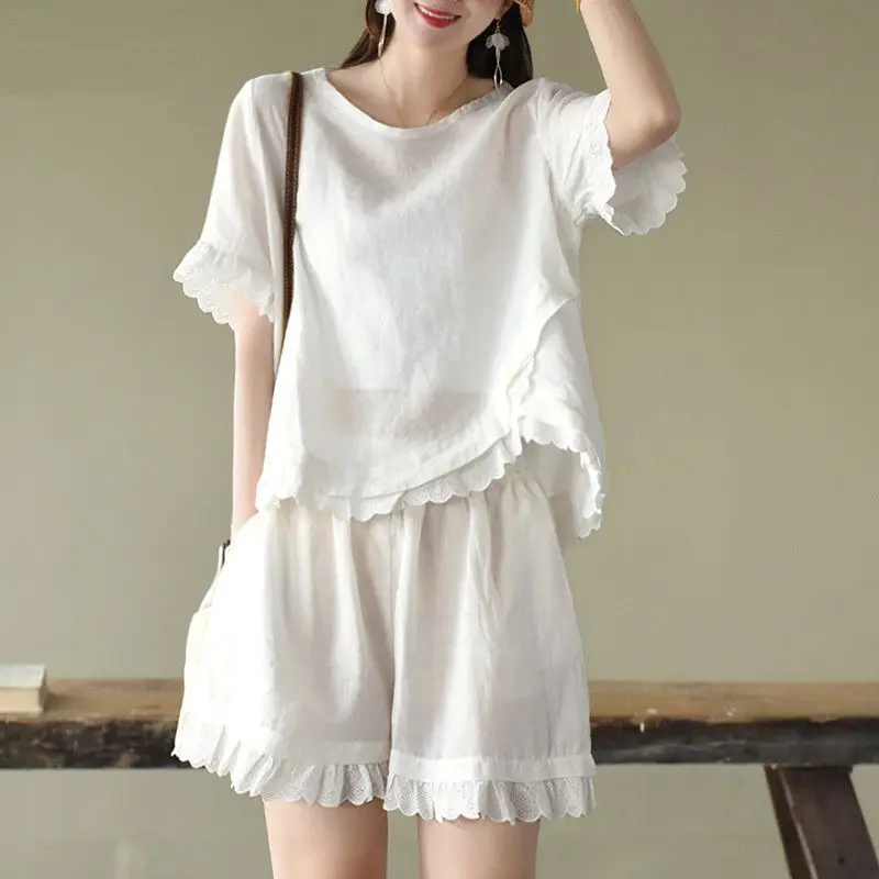 

Cotton Linen Loose Lace Suit Women Summer Simplicity Solid Color Short Sleeve T-Shirt Fashion High Waist Shorts Two-piece Set