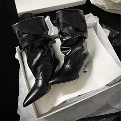 ISA*M Wrinkled Pile Boots In Real Leather High Quality Suede Heels Shoes 2024 Autumn New Women's Ankle Boots