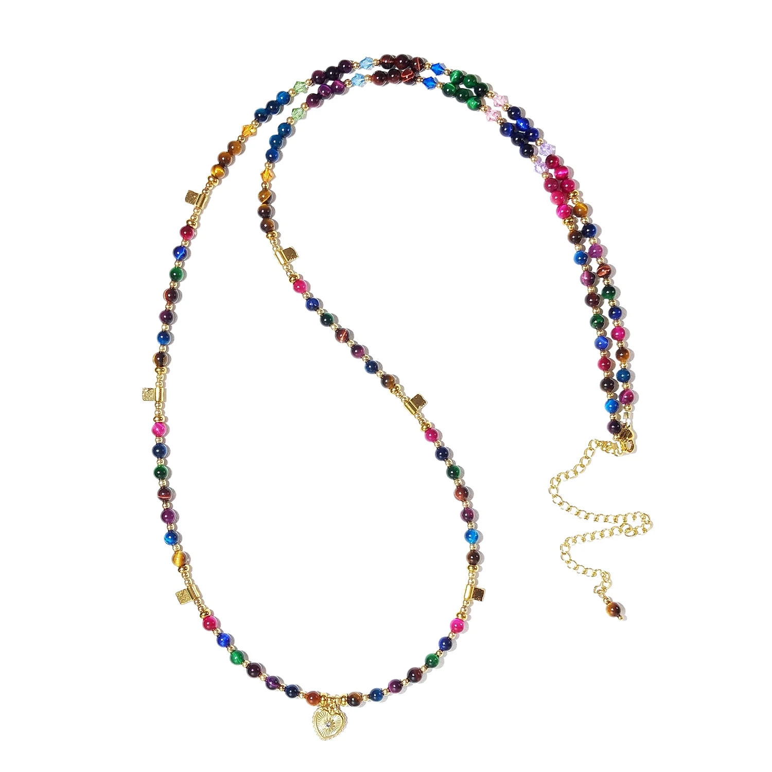 Lii Ji 4mm Smooth Beads Dyed Rainbow Tiger Eye Stainless Steel Waist Chain 79+12cm Natural Stone Jewelry