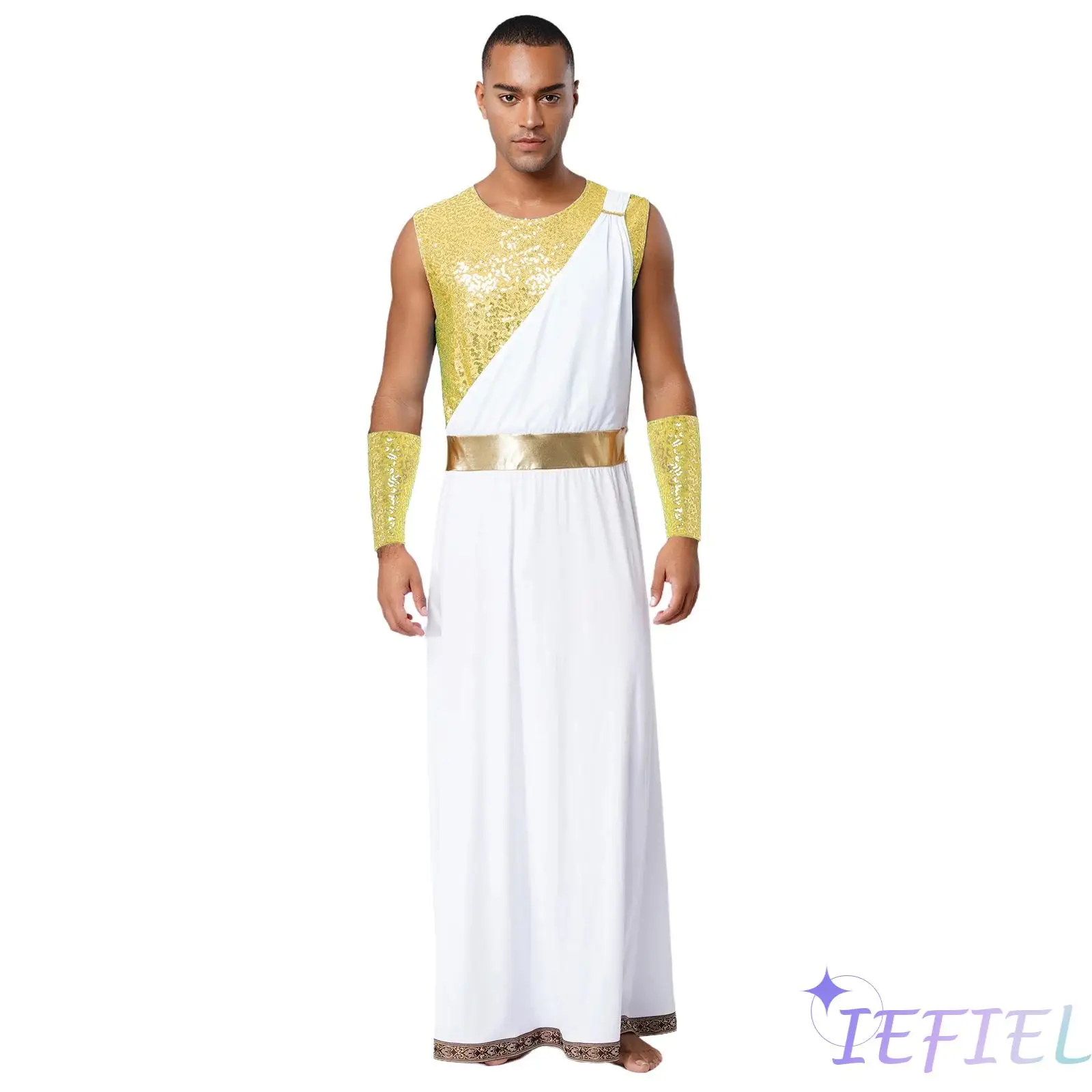 

Mens Greek Roman Senator Cosplay Costume Sleeveless Sequined Robe with Contrast Cuffs for Halloween Theme Party Dress Up