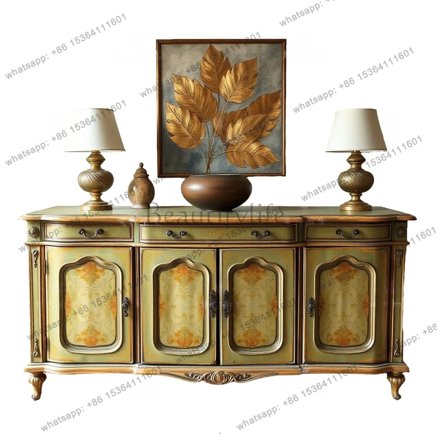 

Retro light picking French retro solid wood carving flower entrance cabinet living room painted decorative cabinet