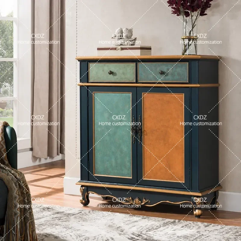 Solid Wood Shoe Cabinet Retro Blue Locker Living Room Entrance Storage Furniture
