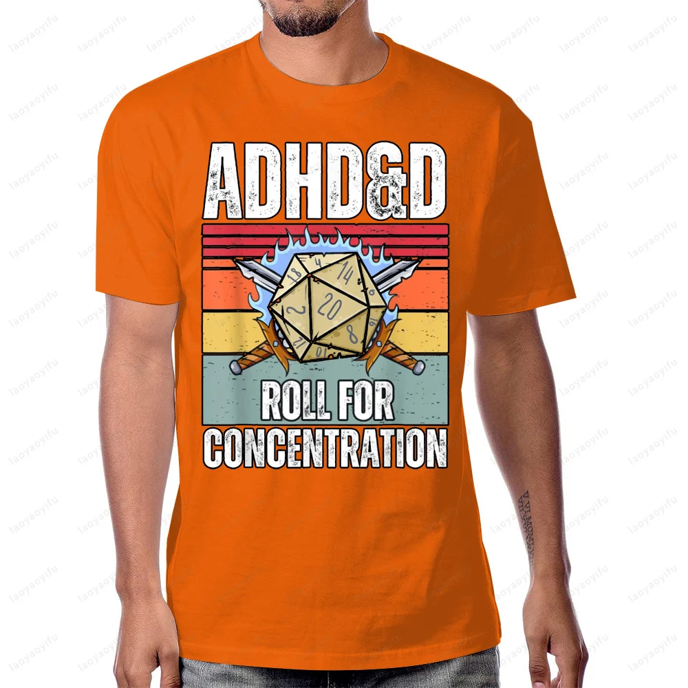 Retro Vintage ADHD&D Roll for Concentration Funny Dungeons and Dragons Gamer T-Shirt Cotton Casual Fashion Short Sleeve Man Tees