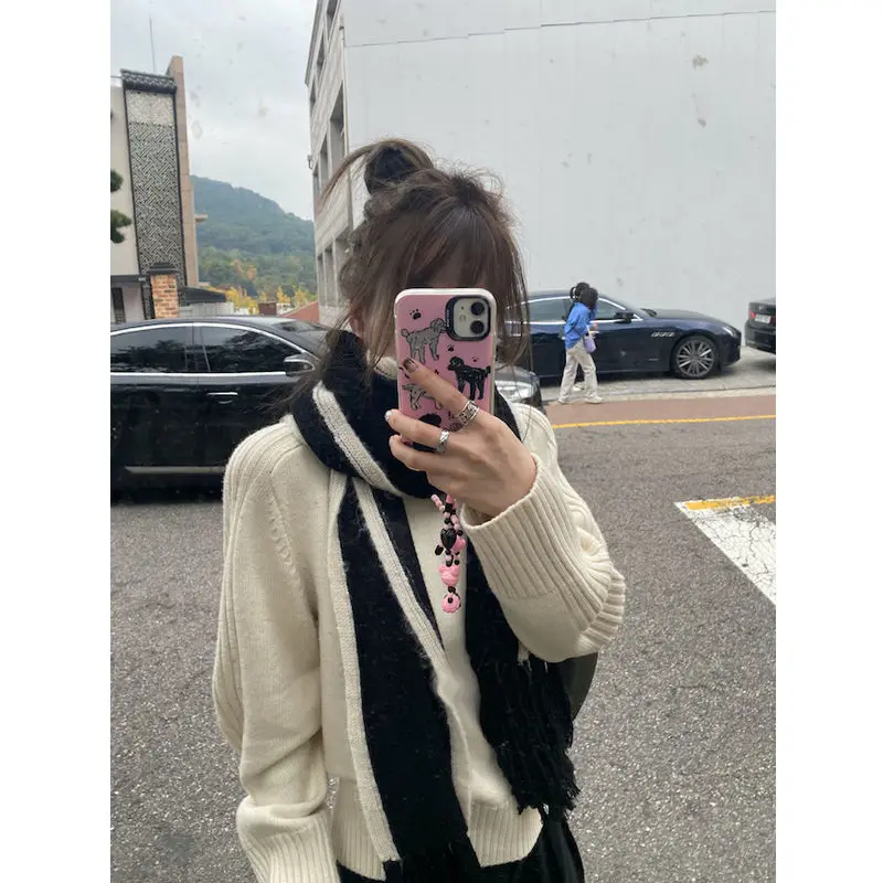 Deeptown Basic White Women Sweaters Long Sleeve Korean Fashion Pullovers Harajuku Autumn Loose Casual Warm Old Money Elegant