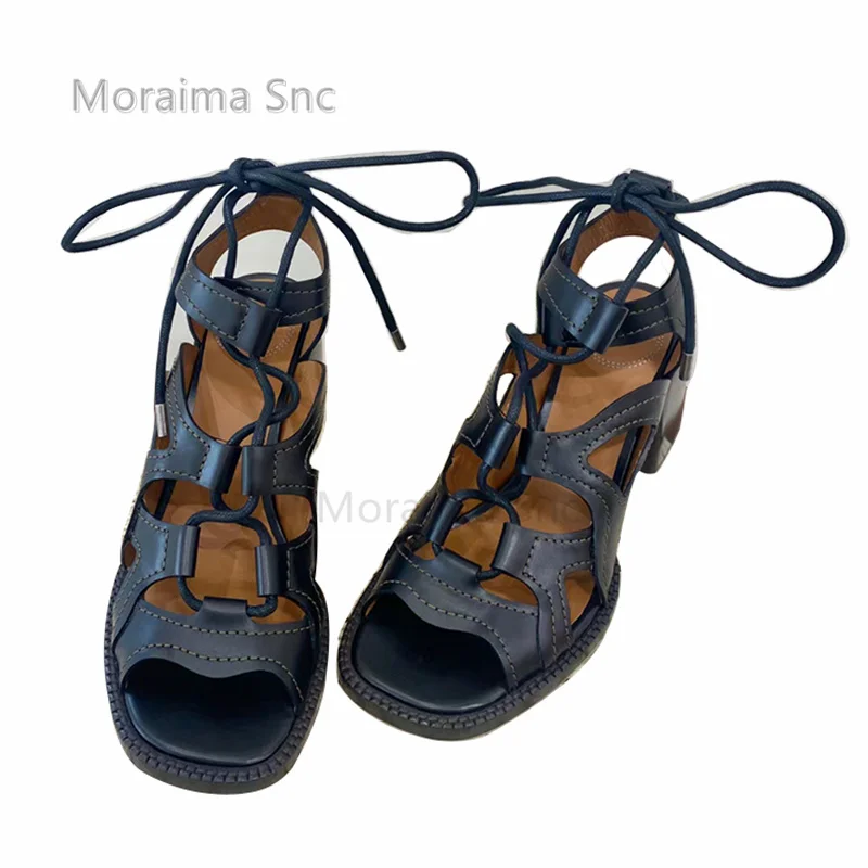 

Black Hollow Chunkle Heel Sandals Women Open Toe 2023 Summer Shoes New Lace-Up Fashion Roman Sandals Feminine Retro Cool Boots