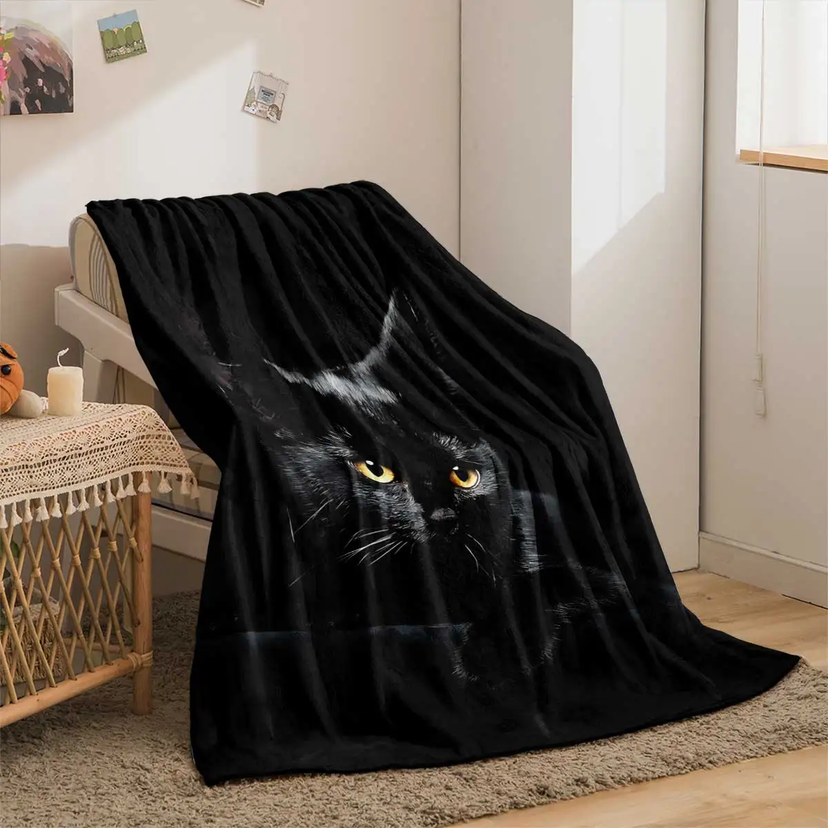 1 Stück Flanelldecke mit schwarzem Katzenmuster, Wohnzimmer-Nickerchen-Freizeitdecke, weich und bequem, mehrere Größen, maschinenwaschbar