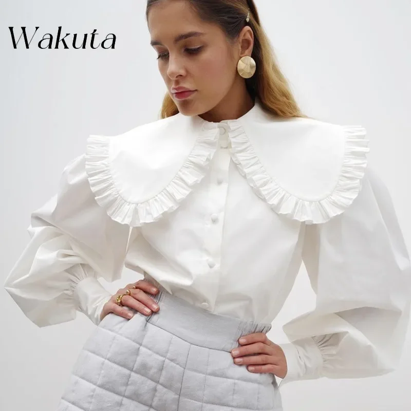 WAKUTA 2024 French Doll Collar Wooden Ear Long Sleeved Shirts Casual Loose White Pure Cotton Shirt Bohemian Vacation Blouses