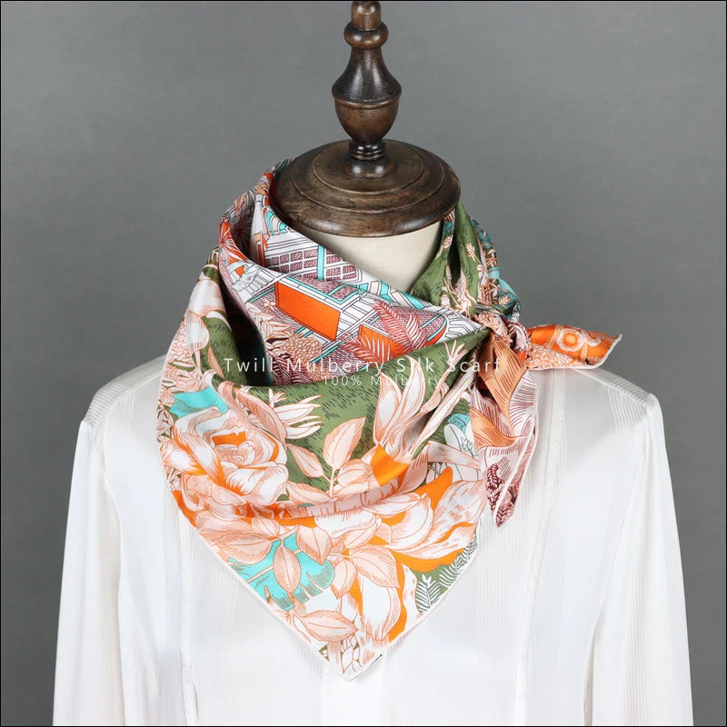 Brand Hem Rolling Edges Silk Scarf 90*90cm Mulberry Twill Square Scarfs Top Women Pink Designer Bandana Neck Hair Stole