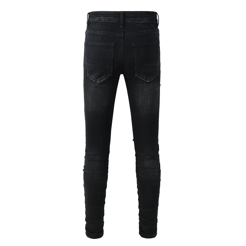 Men's Distressed High Street Stretch Slim blue Ribs Patches Holes Repaired Black Ripped Destroyed Patchwork Washed Jeans