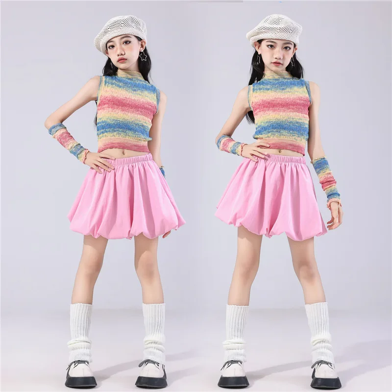 طفل ملابس رقص الجاز Kpop فتاة قبضة عرض مسرحي الزي الملونة التدرج تانك القمم الوردي تنورة المنصة أداء البدلة VBH1938