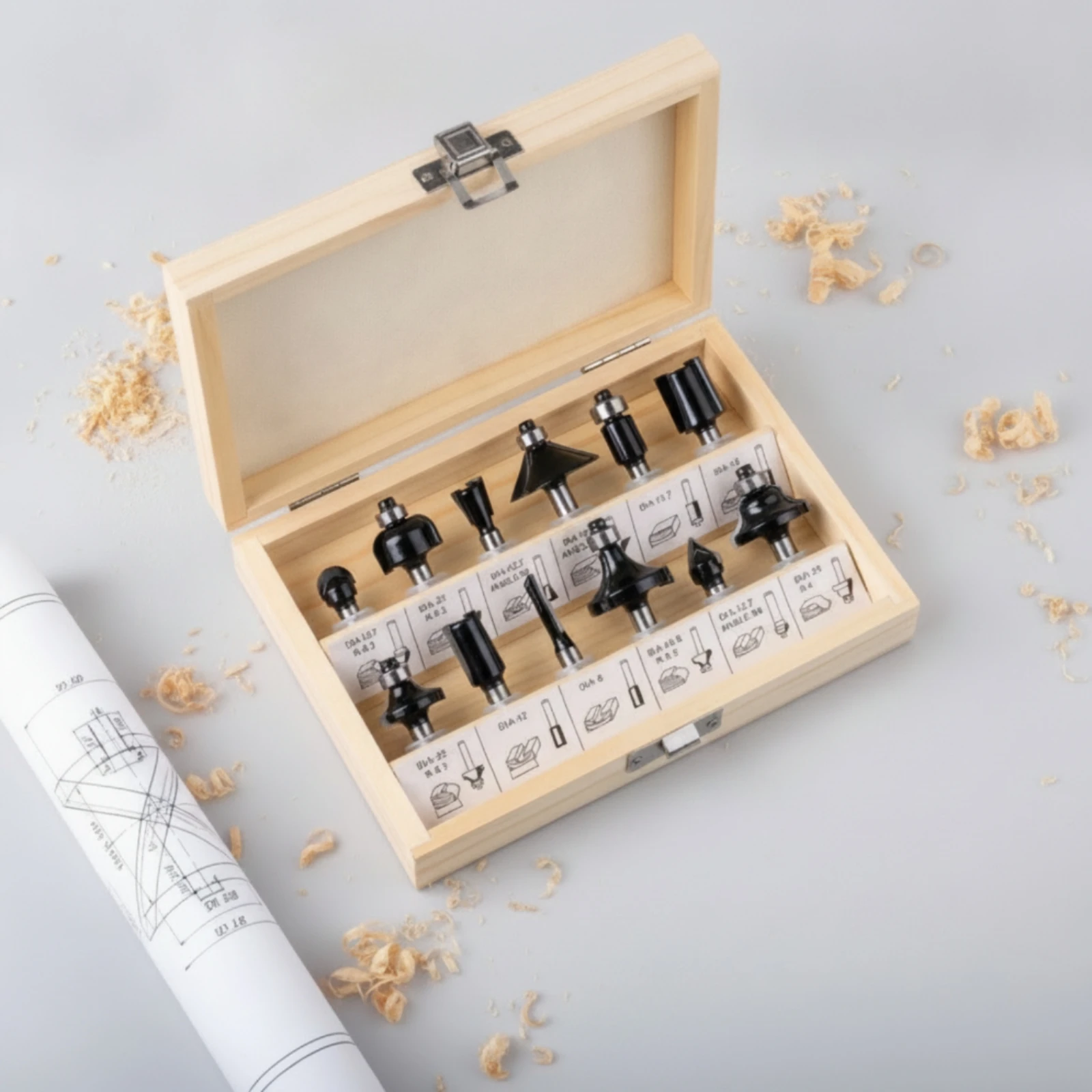 12 Pieces Router Bit Set with Wooden Storage Case Sharp Router Bit Set with Wooden Case Tool Accurate Versatile for Woodworkers view 3