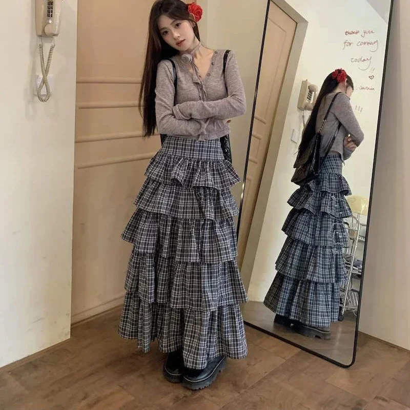 Vintage Plaid Midi Skirts Women New Casual Puffy High Waisted Tierred Ruffles Long Pleated Skirt Spring Summer All Match Bottom