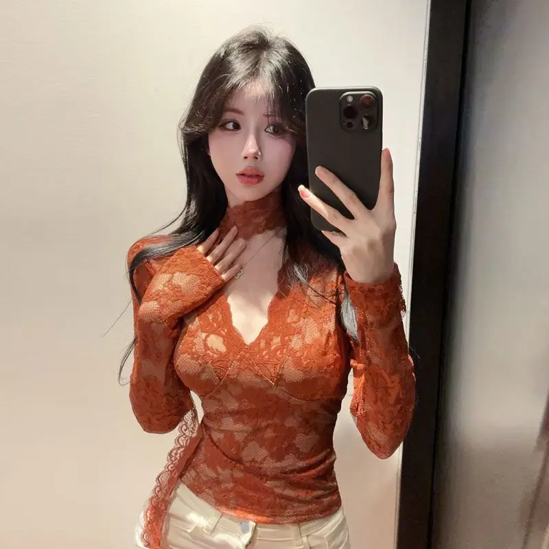 Frauen Frühling Sexy Spitze V-ausschnitt Shirt Top Chic Slim Fit Y2K Reine Verführerische Stil Shirt Top