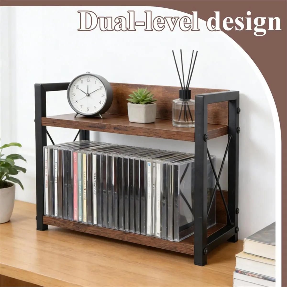 【AT48】 NEW 2-Tier Wooden CD Rack with Metal Frame, Holds 42 CDs, Ideal for Countertop Display