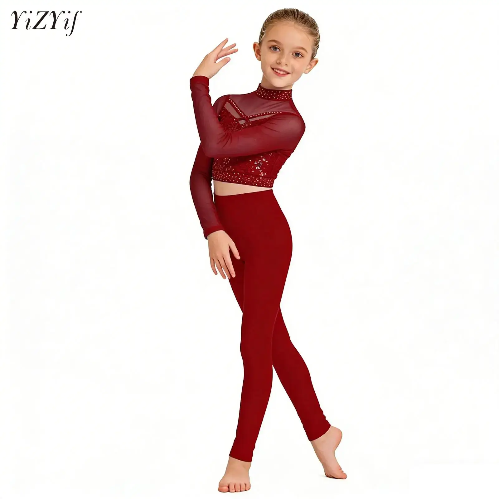 

Kids Girls Gymnastic Street Modern Hip Hop Jazz Dance Outfit Sequins Crop Top And Leggings Workout Yoga Cheerleading Dancewear
