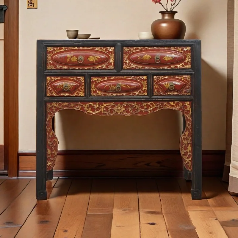 Chinese log entrance table, solid wood decorative side cabinet, all solid wood antique table, entrance platform space aesthetics