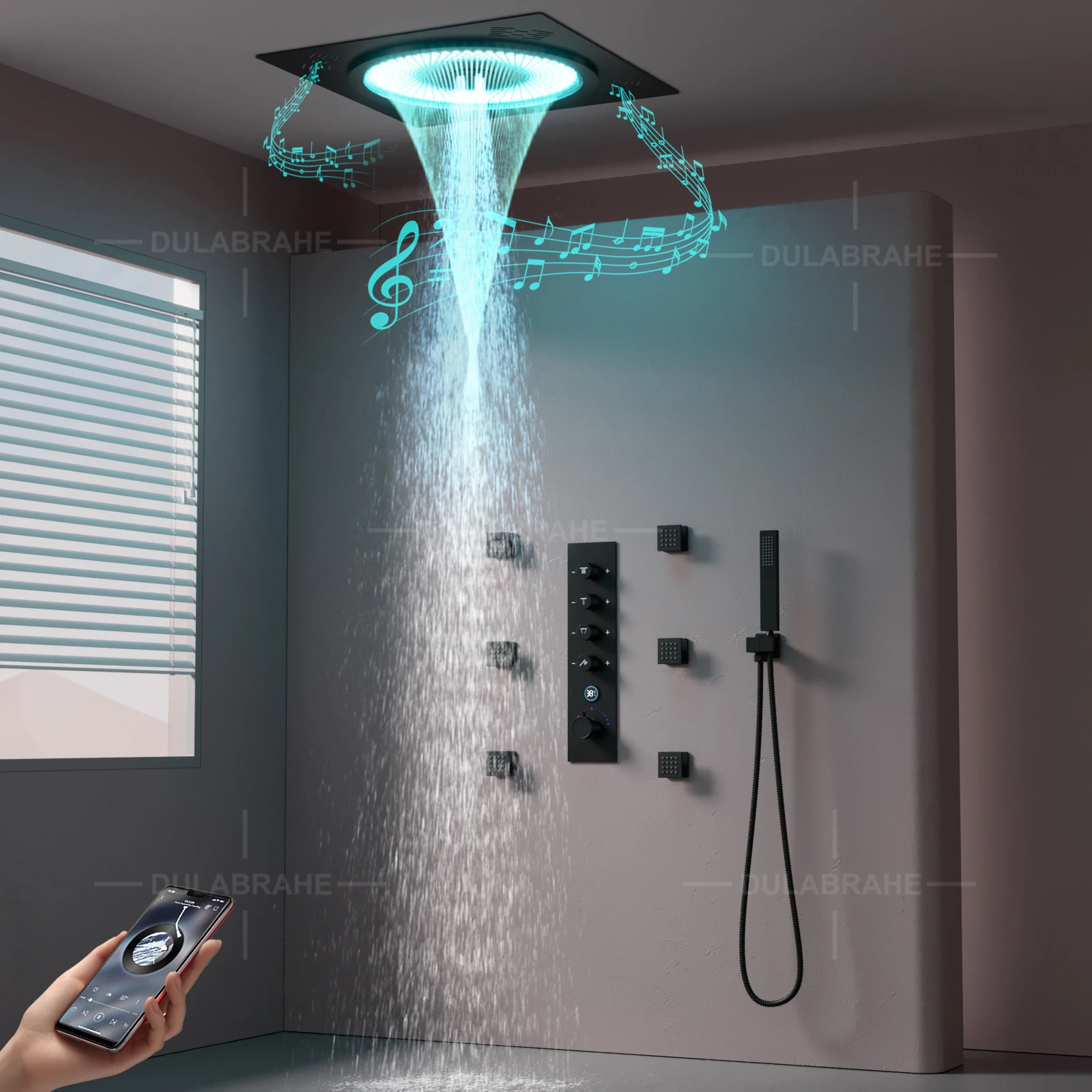 Ceiling Music Led Shower System 20 Inch Rain Shower Head Thermostatic Digital Display Bathroom Shower Faucet Set